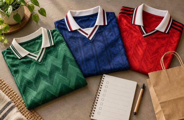 Three folded retro-inspired football shirts beside a shopping checklist