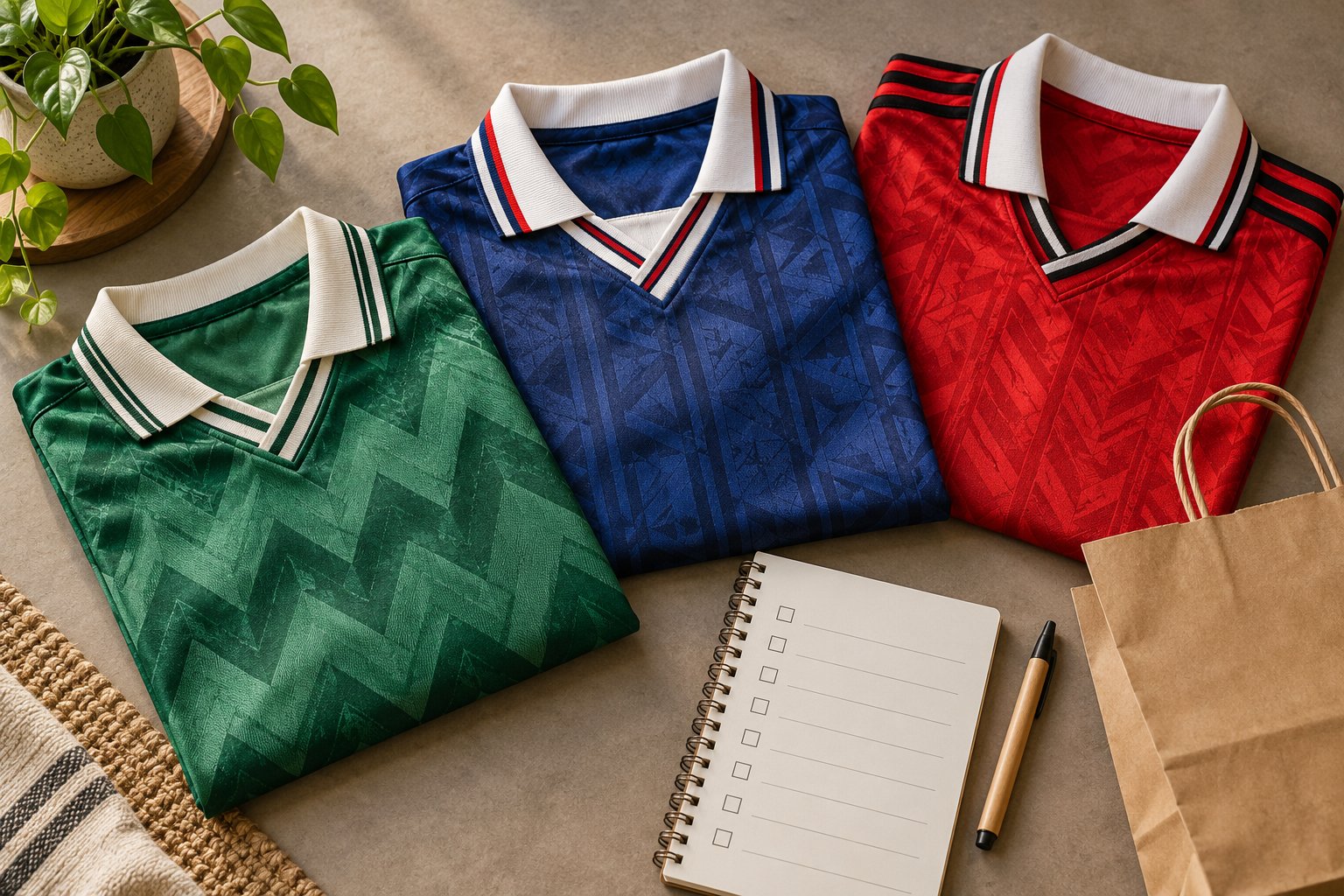 Three folded retro-inspired football shirts beside a shopping checklist