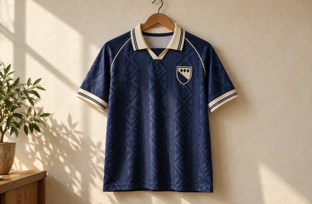 A new navy retro-inspired football jersey with a cream collar