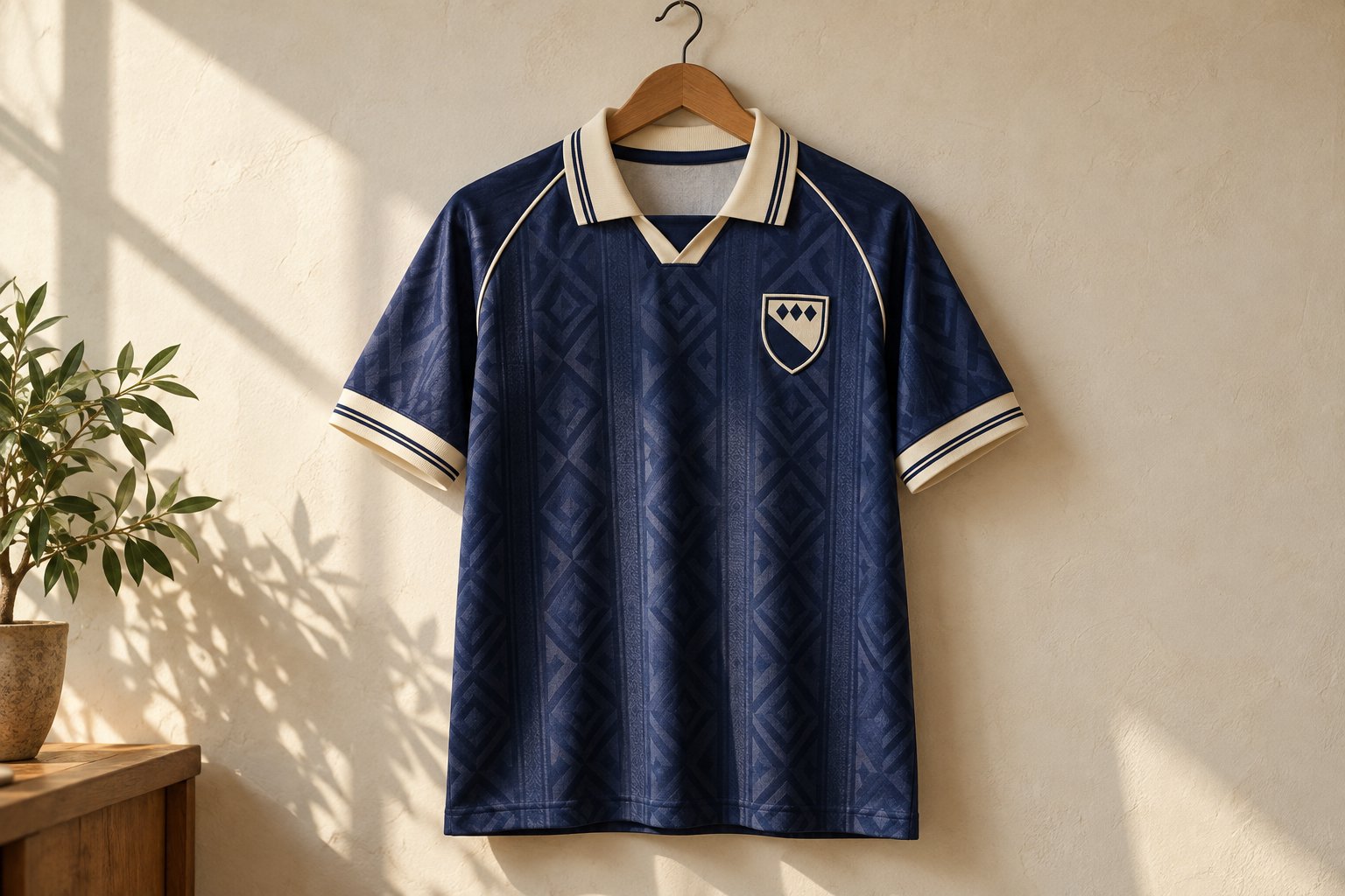 A new navy retro-inspired football jersey with a cream collar