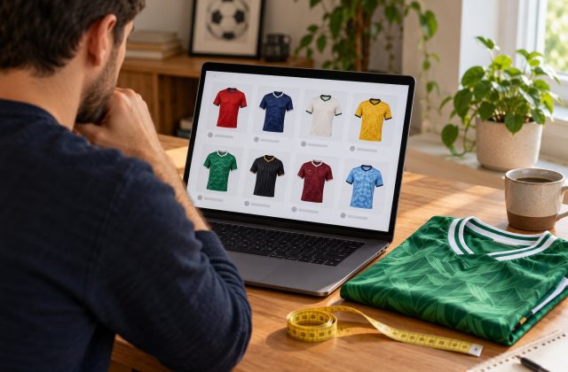 A shopper comparing football shirts online beside a jersey and measuring tape