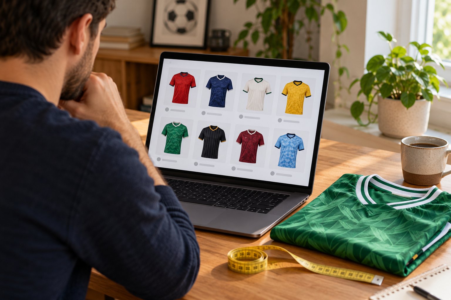 A shopper comparing football shirts online beside a jersey and measuring tape