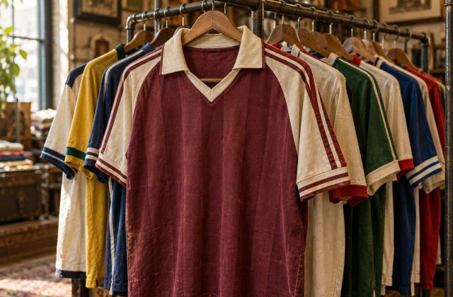 An aged burgundy football shirt hanging in a vintage clothing shop
