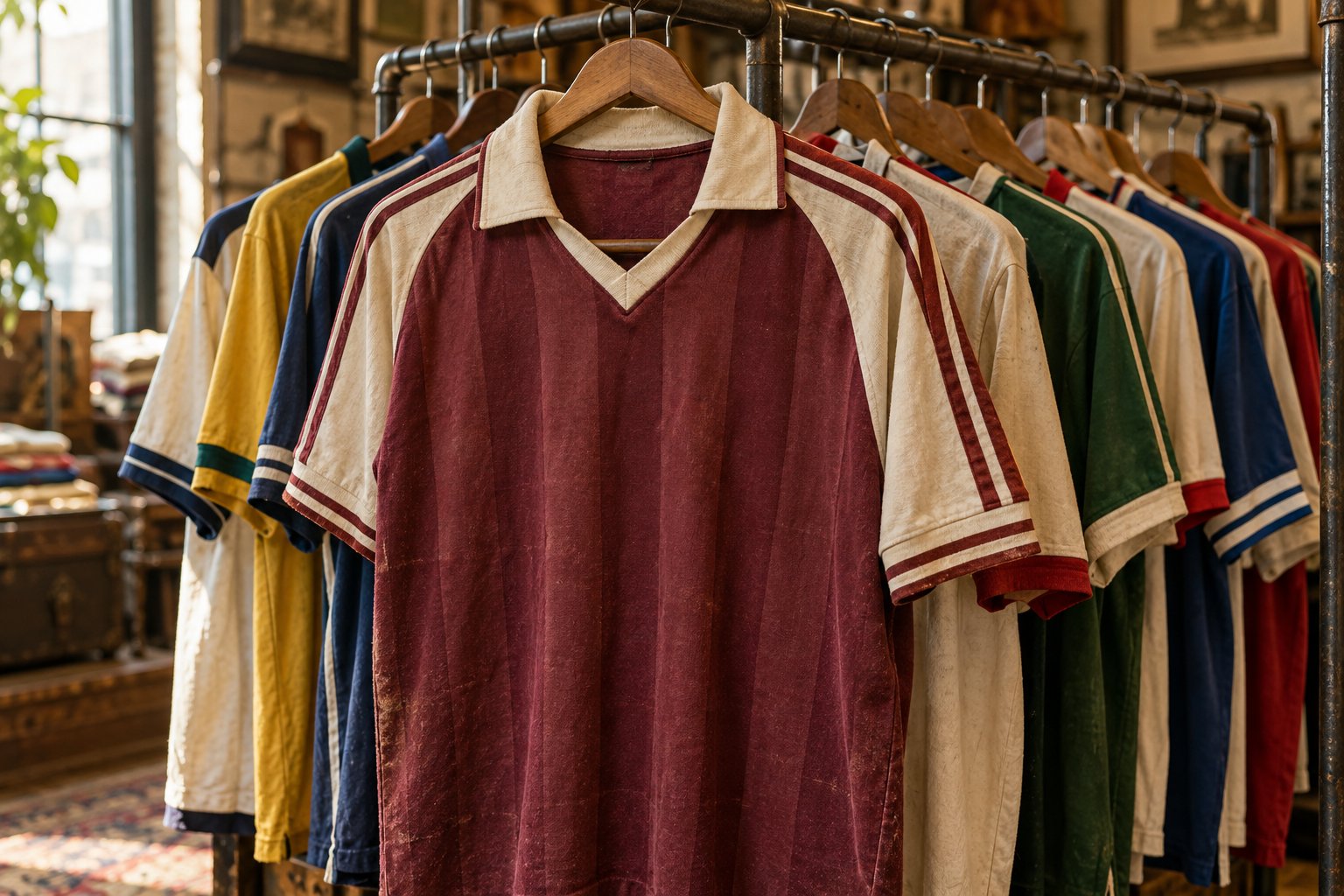 An aged burgundy football shirt hanging in a vintage clothing shop