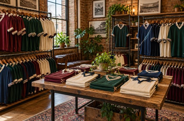 Illustrative football shirt shop with jersey displays and folded shirts