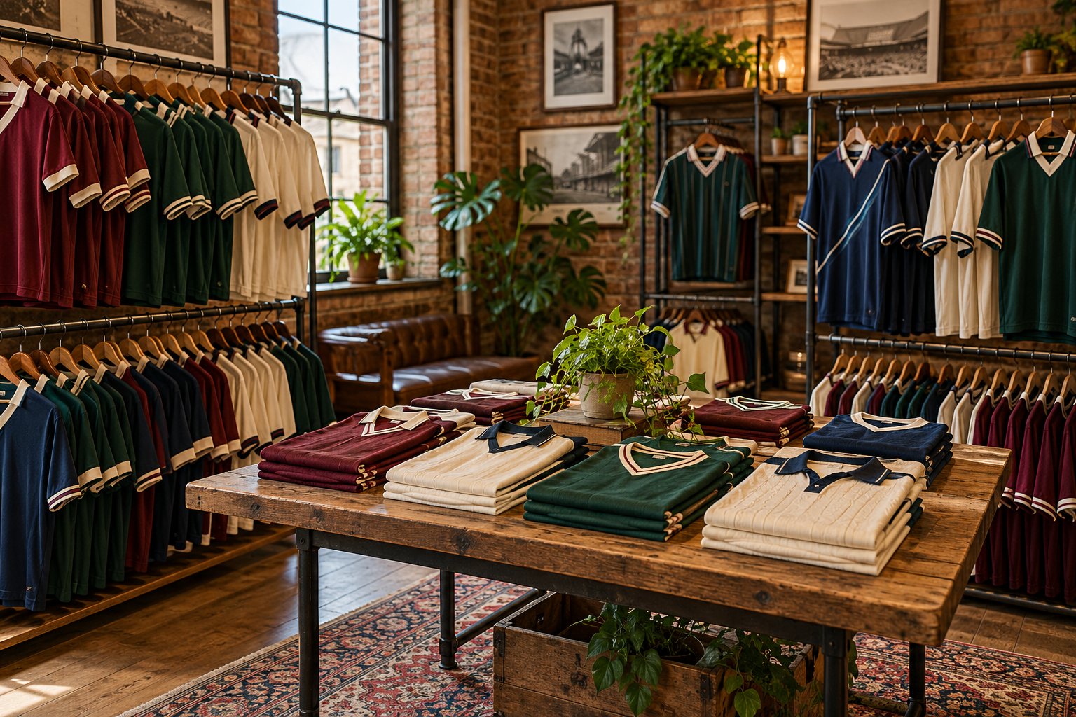 Illustrative football shirt shop with jersey displays and folded shirts