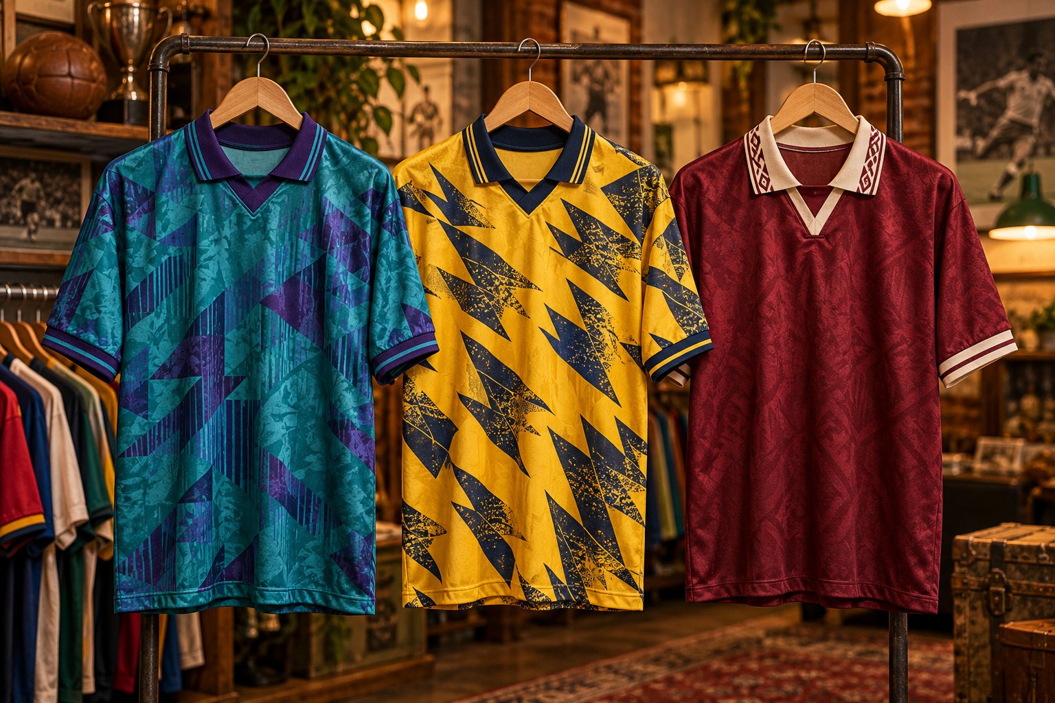 Three retro-inspired football shirts with bold patterns and contrasting collars