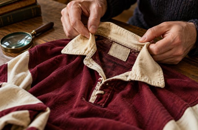 Hands inspecting the collar, stitching and inner label of an older football shirt