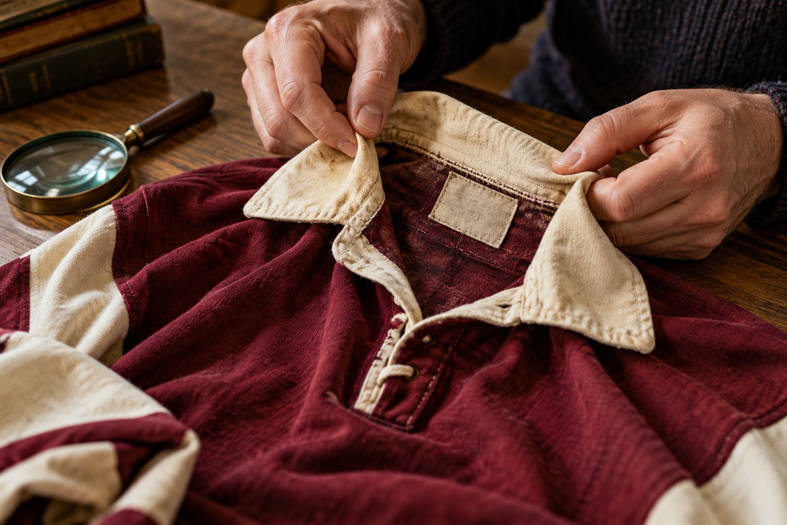 Hands inspecting the collar, stitching and inner label of an older football shirt