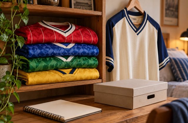 A small football shirt collection arranged on a shelf with a notebook and storage box