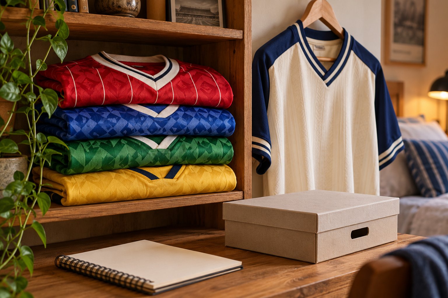 A small football shirt collection arranged on a shelf with a notebook and storage box