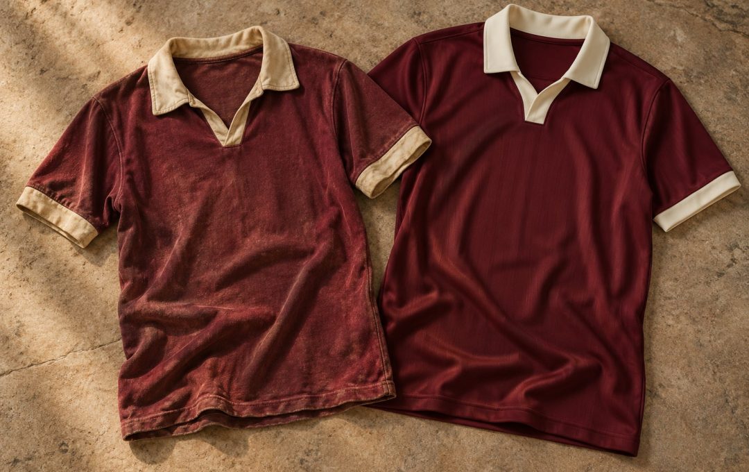 An aged football shirt beside a new retro-inspired jersey