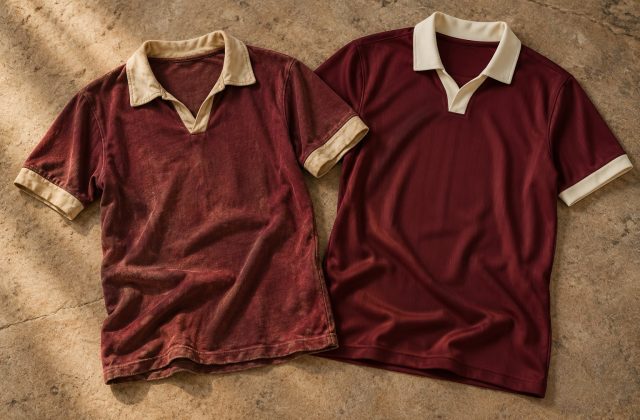 An aged football shirt beside a new retro-inspired jersey